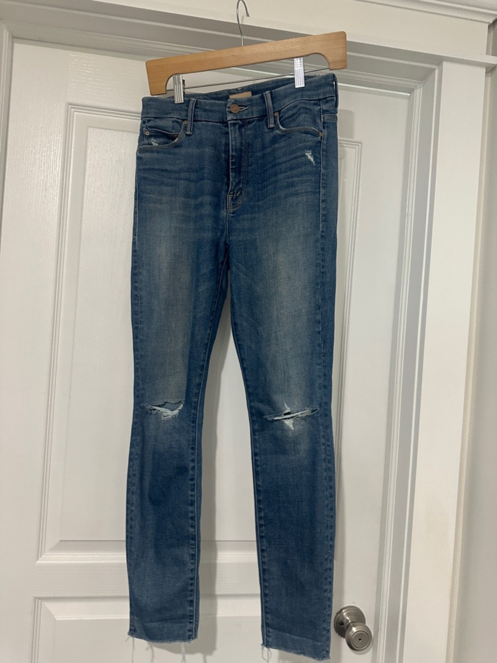 MOTHER Blue Distressed Skinny Jeans